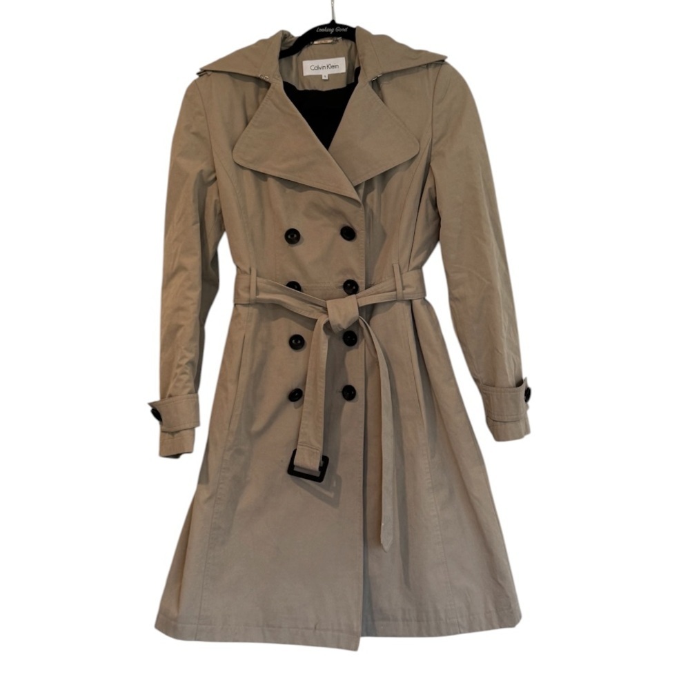 Calvin Klein Khaki Double-Breasted A-Line Belted Trench Coat Size Small